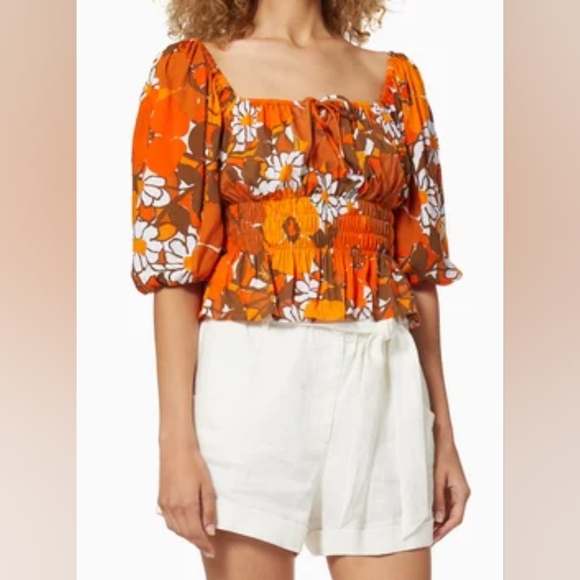 Faithfull the Brand Tops - FAITHFULL THE BRAND | REVOLVE Liberia Crêpe Top sMedium orange 70s floral print